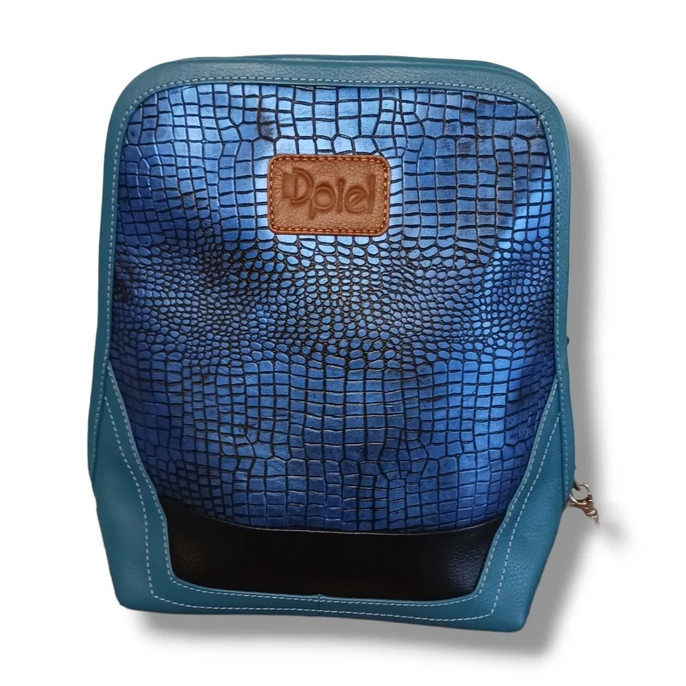 Womens 100% Leather Backpack Style Handbag Teal Blue Animal Print NWT metallic